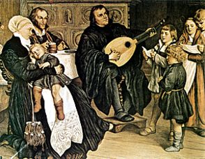 Martín Lutero y familia. El Reformador alemán dio mucha importancia al empleo de la música y el canto en la liturgia.